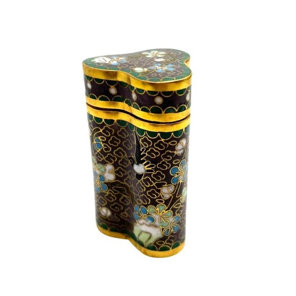 VTG Asian Cloisonné Enamel Trefoil Shape Curiosity Piece with Lid Floral Design - Picture 2 of 10